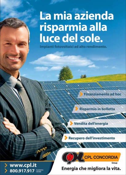 CPL, pubblicità, energia, fotovoltaico, pannelli, locandina, impaginazione, pagina pubblicitaria,
